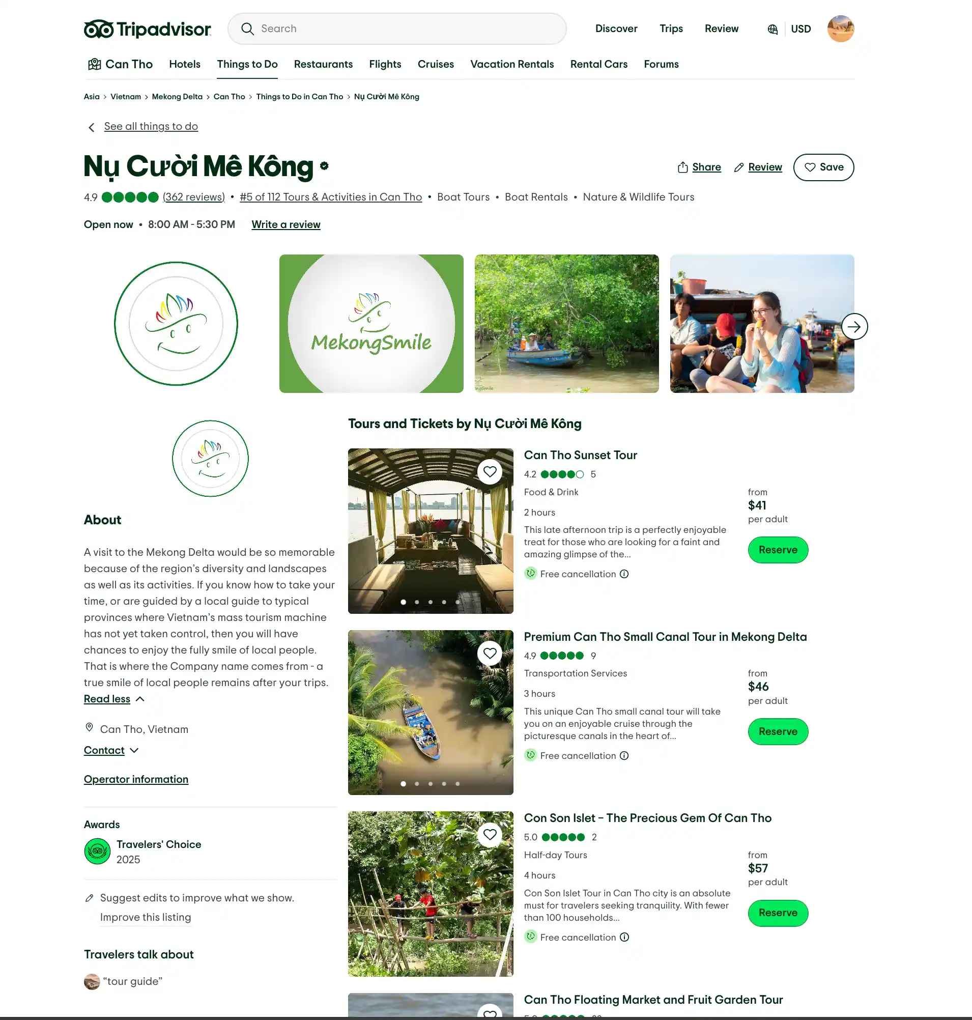 Nụ Cười Mê Kông nhận Tripadvisor Travellers' Choice 2025