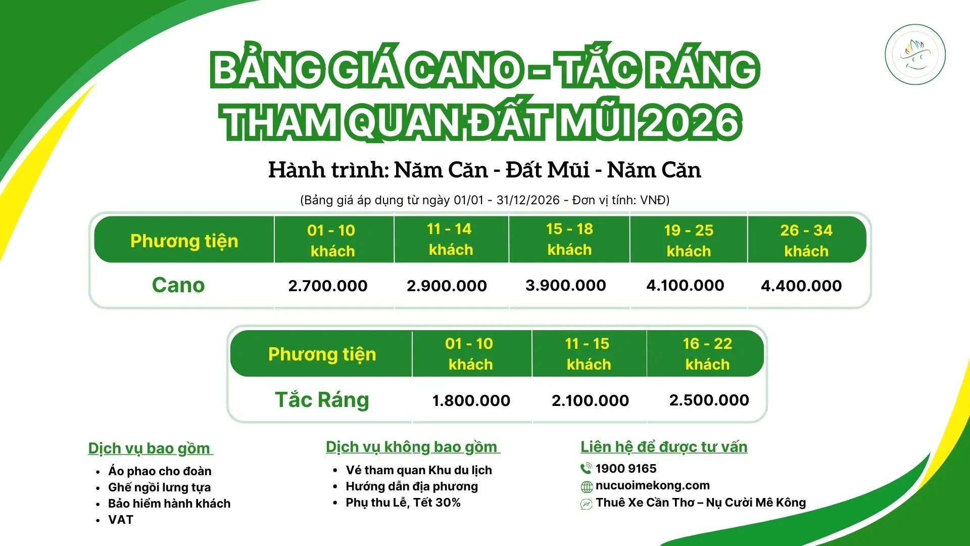 Bảng giá Cano - Tắc Ráng tham quan Đất Mũi 2026