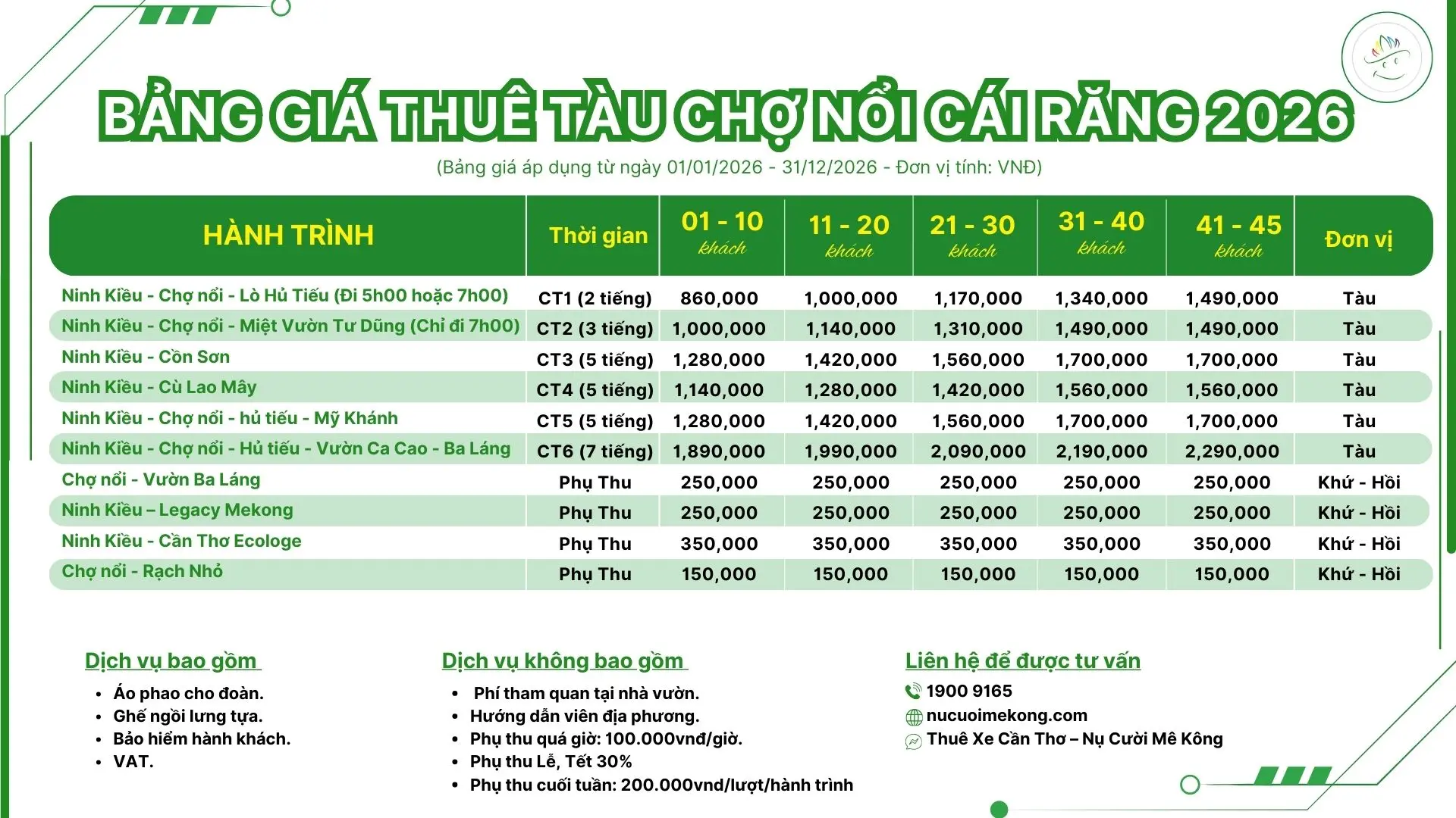 bảng giá thuê tàu chợ nổi cái răng 2026
