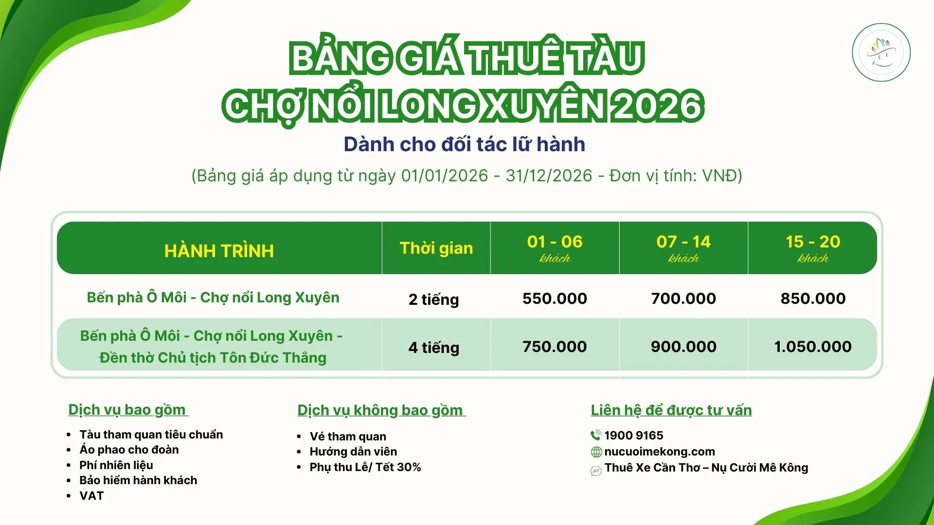 Bảng giá thuê tàu đi chợ nổi Long Xuyên dành cho đối tác lữ hành 2026