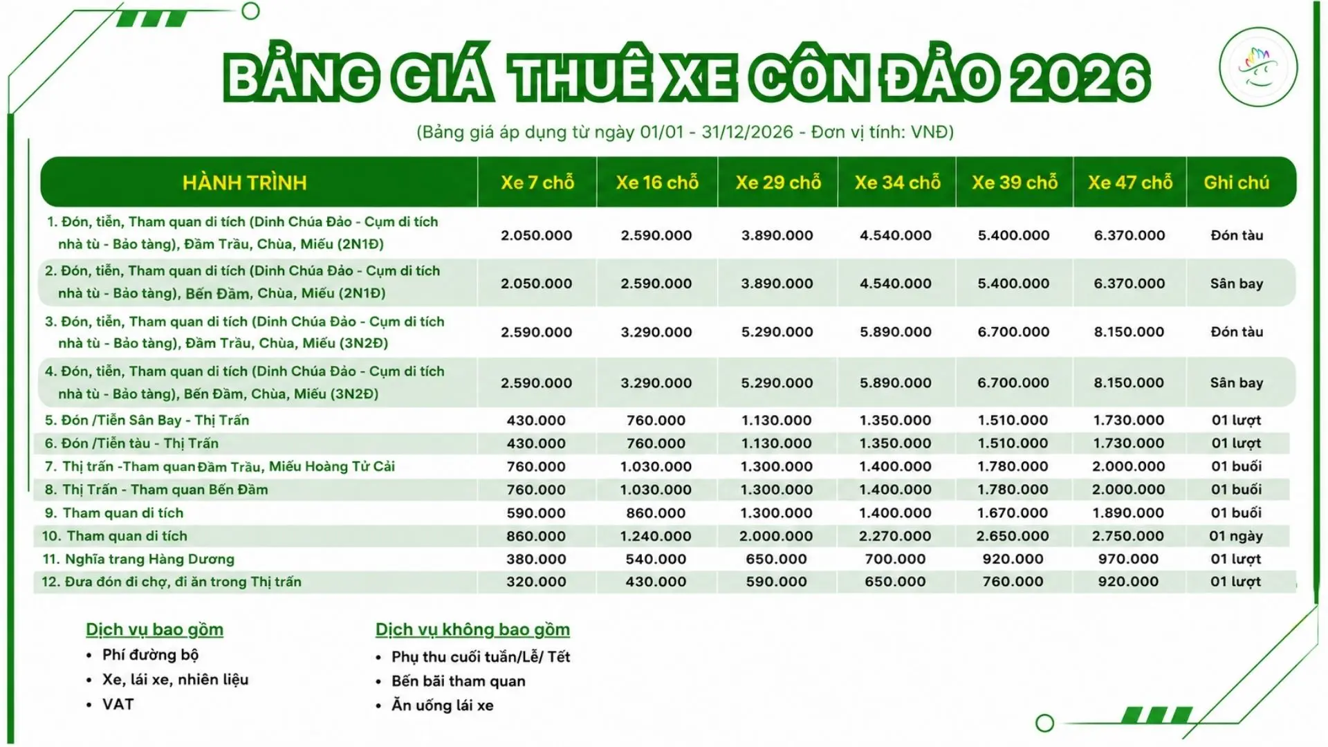 Bảng giá thuê xe Côn Đảo các tuyến cập nhật 5/2026