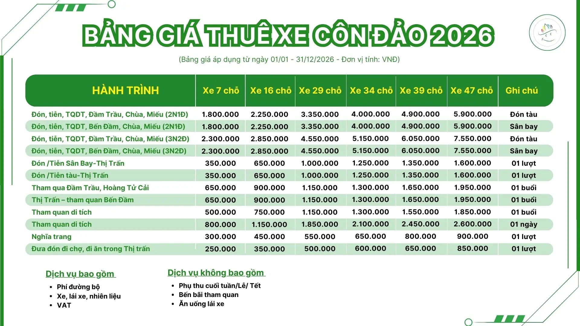Bảng giá thuê xe Côn Đảo các tuyến cập nhật 2026