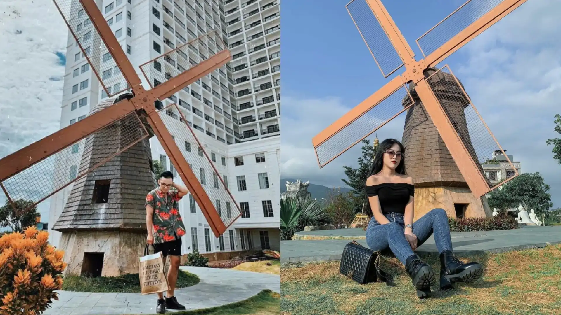 Các bạn trẻ tạo dáng bên Cối Xay Gió mini