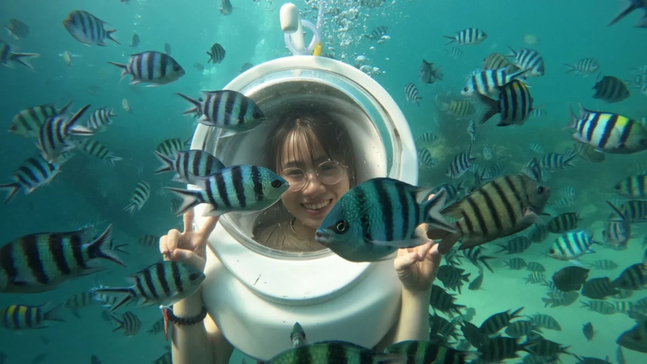 Trải nghiệm đi bộ dưới đáy biển (Seawalker) tại công viên san hô, một hoạt động trong tour 3 đảo của combo nghỉ dưỡng Phú Quốc.