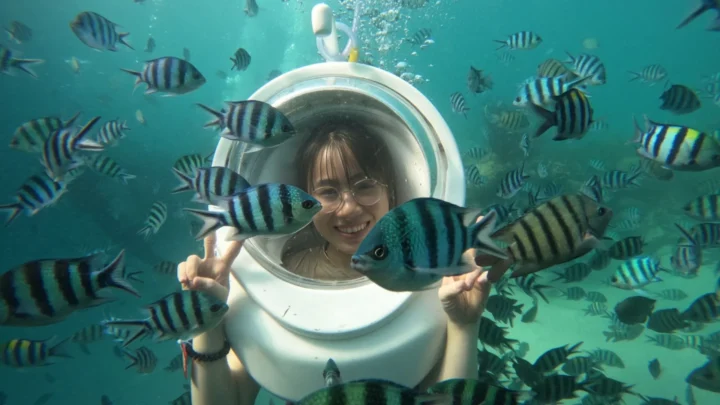 Trải nghiệm đi bộ dưới đáy biển (Seawalker) tại công viên san hô, một hoạt động trong tour 3 đảo của combo nghỉ dưỡng Phú Quốc.
