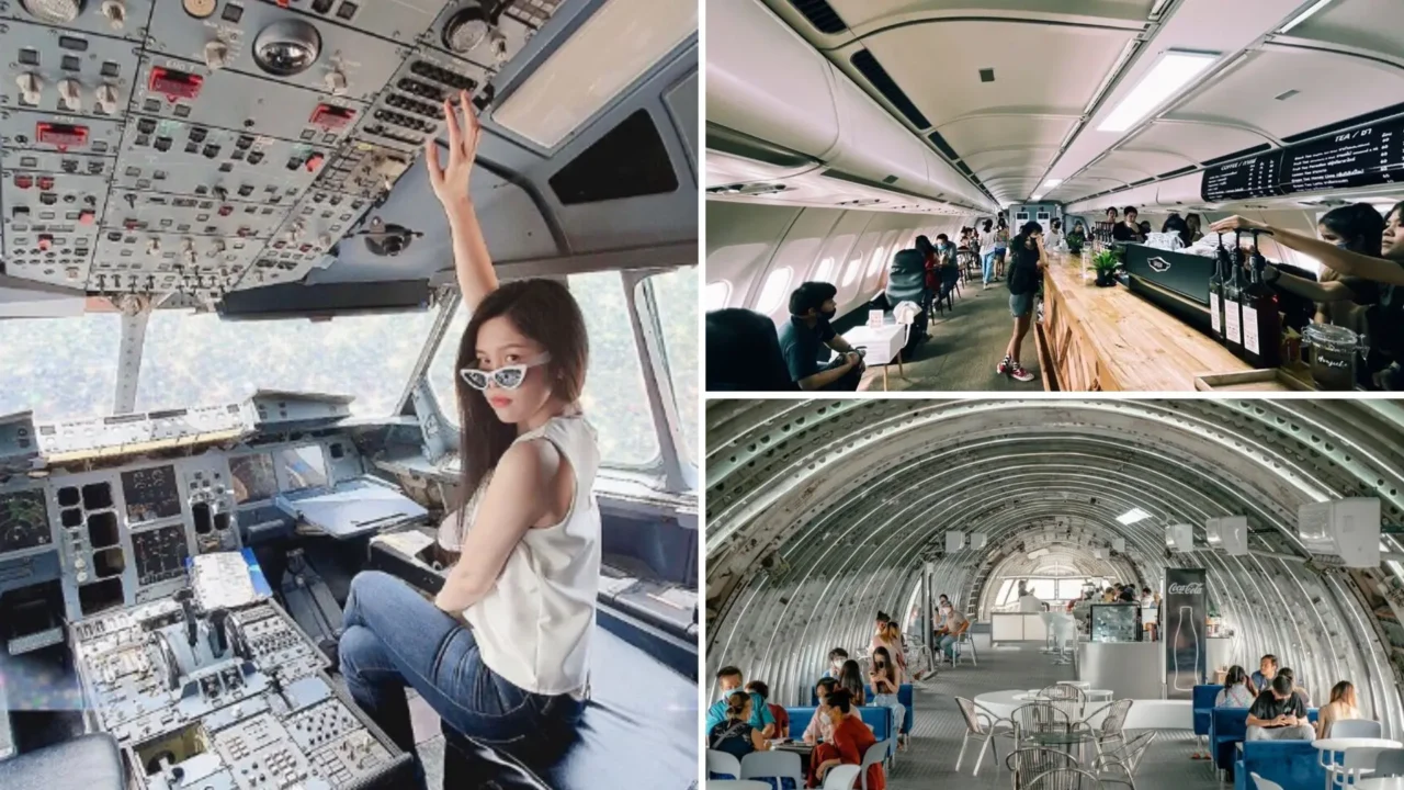 Du khách tạo dáng bên trong Café Boeing 747 và chiếc máy bay khổng lồ