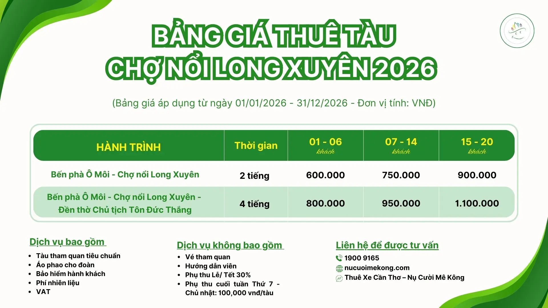 bảng giá thuê tàu đi Chợ nổi Long Xuyên 2026