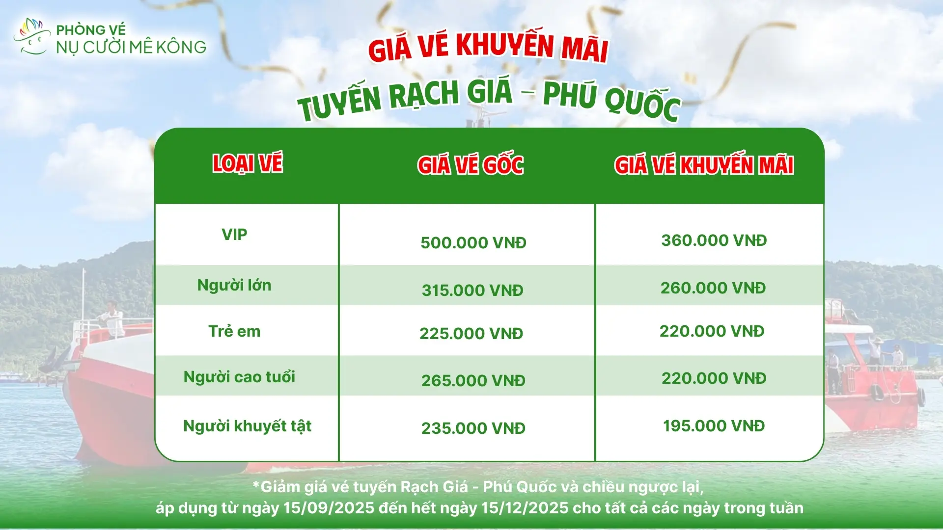 Giá vé khuyến mãi Rạch Giá Phú Quốc