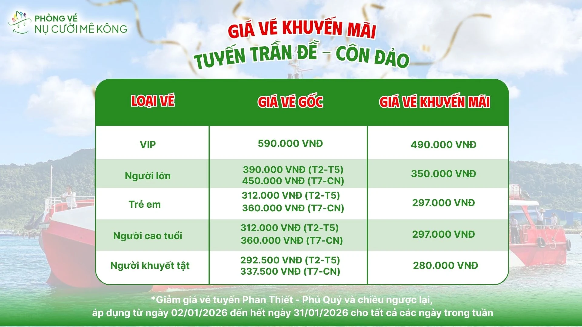 Giá vé khuyến mãi Trần Đề Côn Đảo