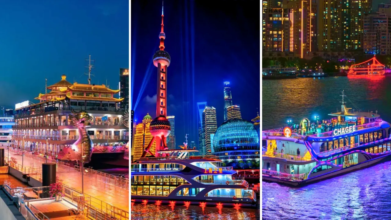 Hình ảnh du thuyền trên sông Hoàng Phố, hai bên là skyline hiện đại và Bến Thượng Hải cổ kính