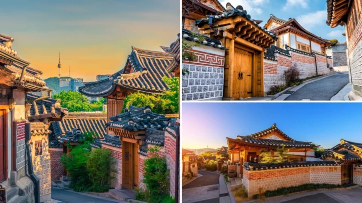 Con hẻm nhỏ trong làng Bukchon Hanok với mái ngói cong truyền thống và khung cảnh núi phía xa.