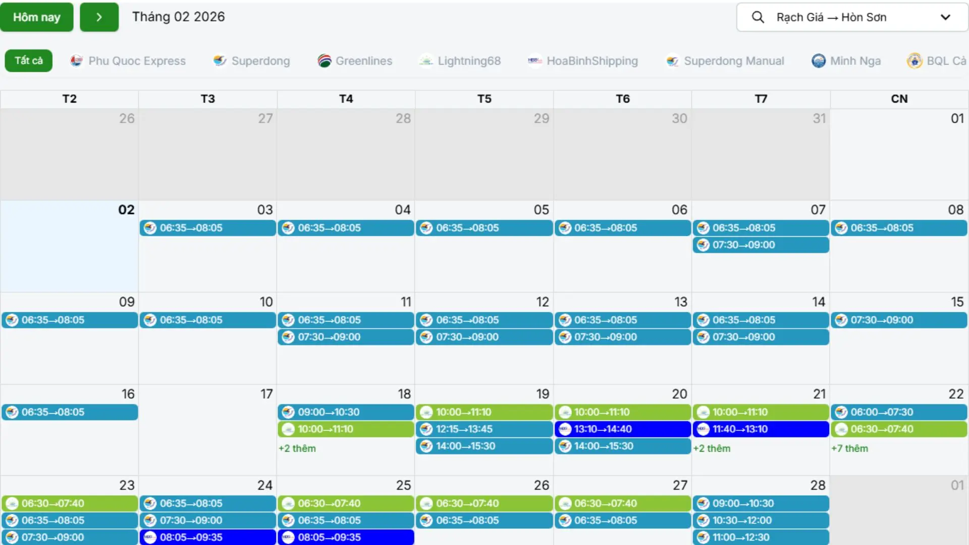 Lịch tàu, vé tàu rạch giá hòn sơn tháng 02/2026
