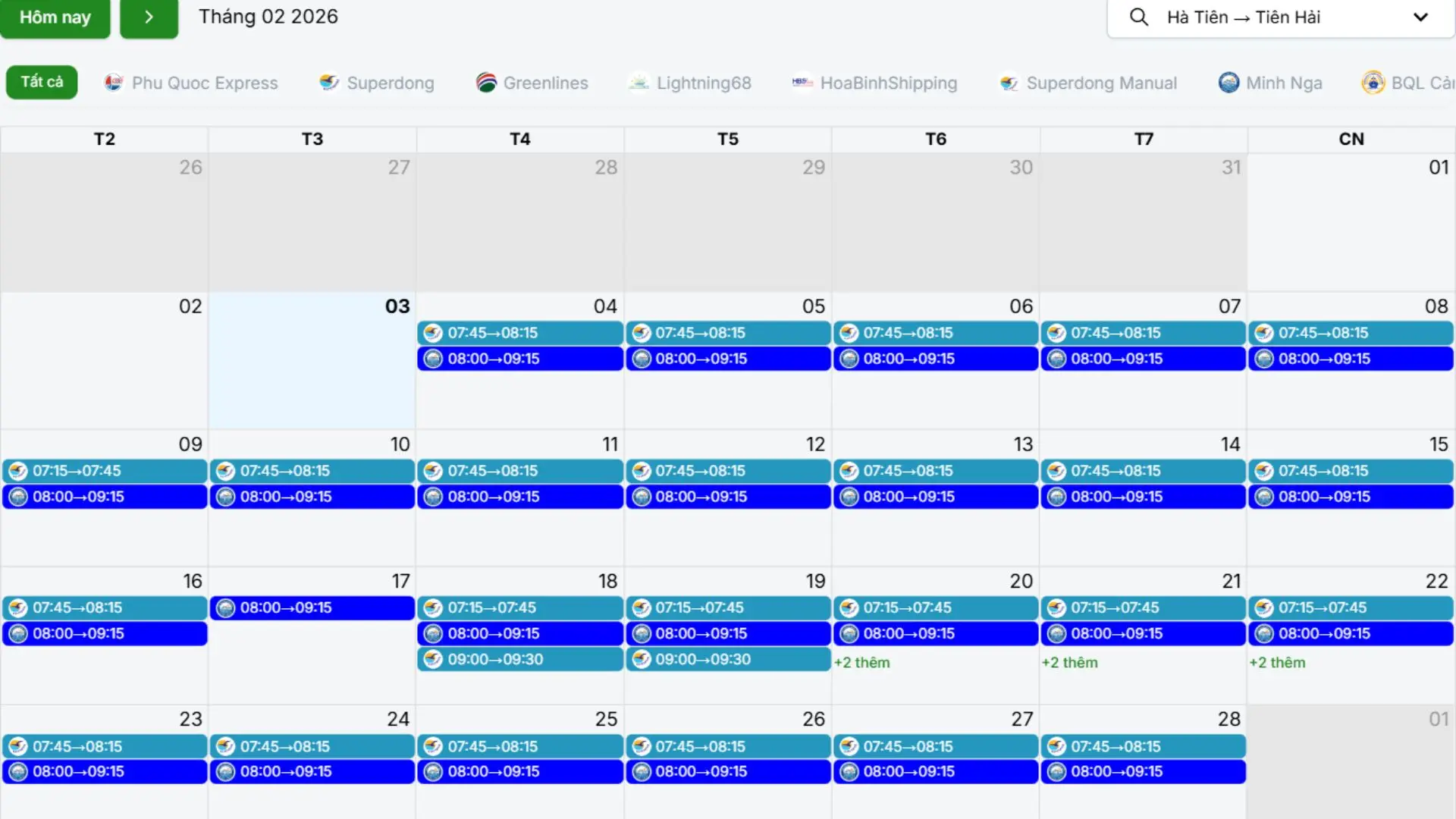 Lịch tàu và giá vé tàu Hà Tiên Tiên Hải tháng 02/2026