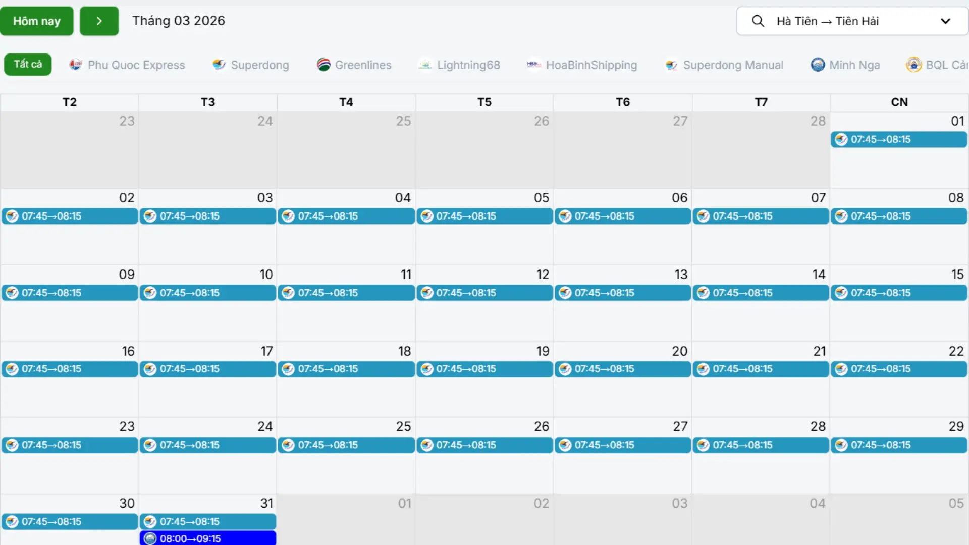 Lịch tàu và giá vé tàu Hà Tiên Tiên Hải tháng 03/2026