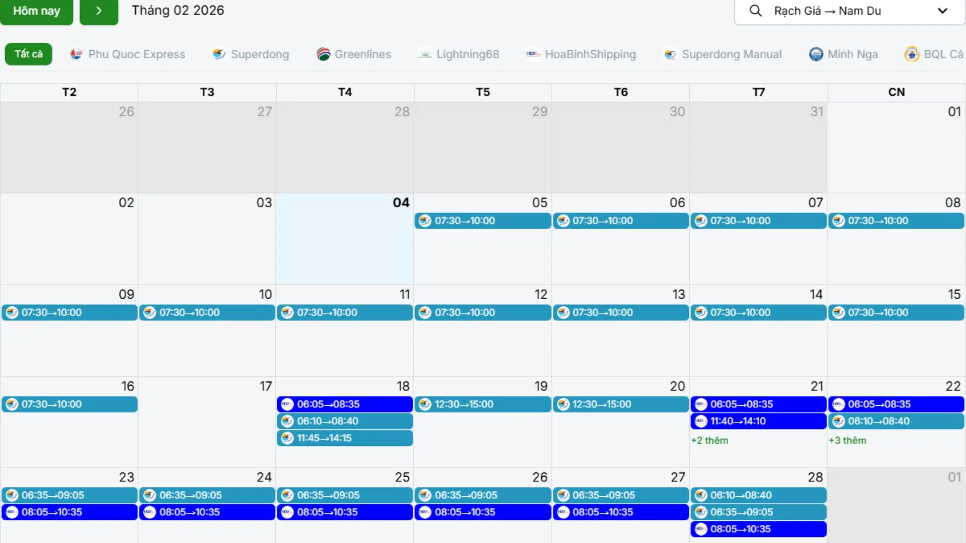 Lịch tàu - vé tàu Rạch Giá Nam Du tháng 02/2026