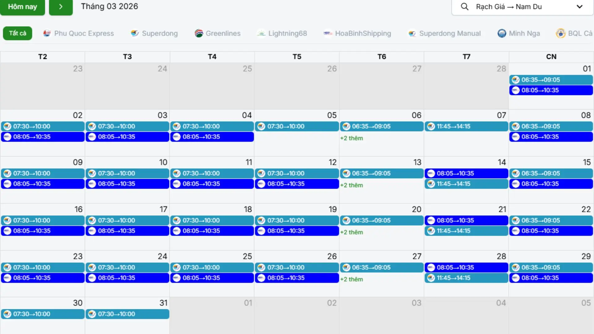 Lịch tàu - vé tàu Rạch Giá Nam Du tháng 03/2026