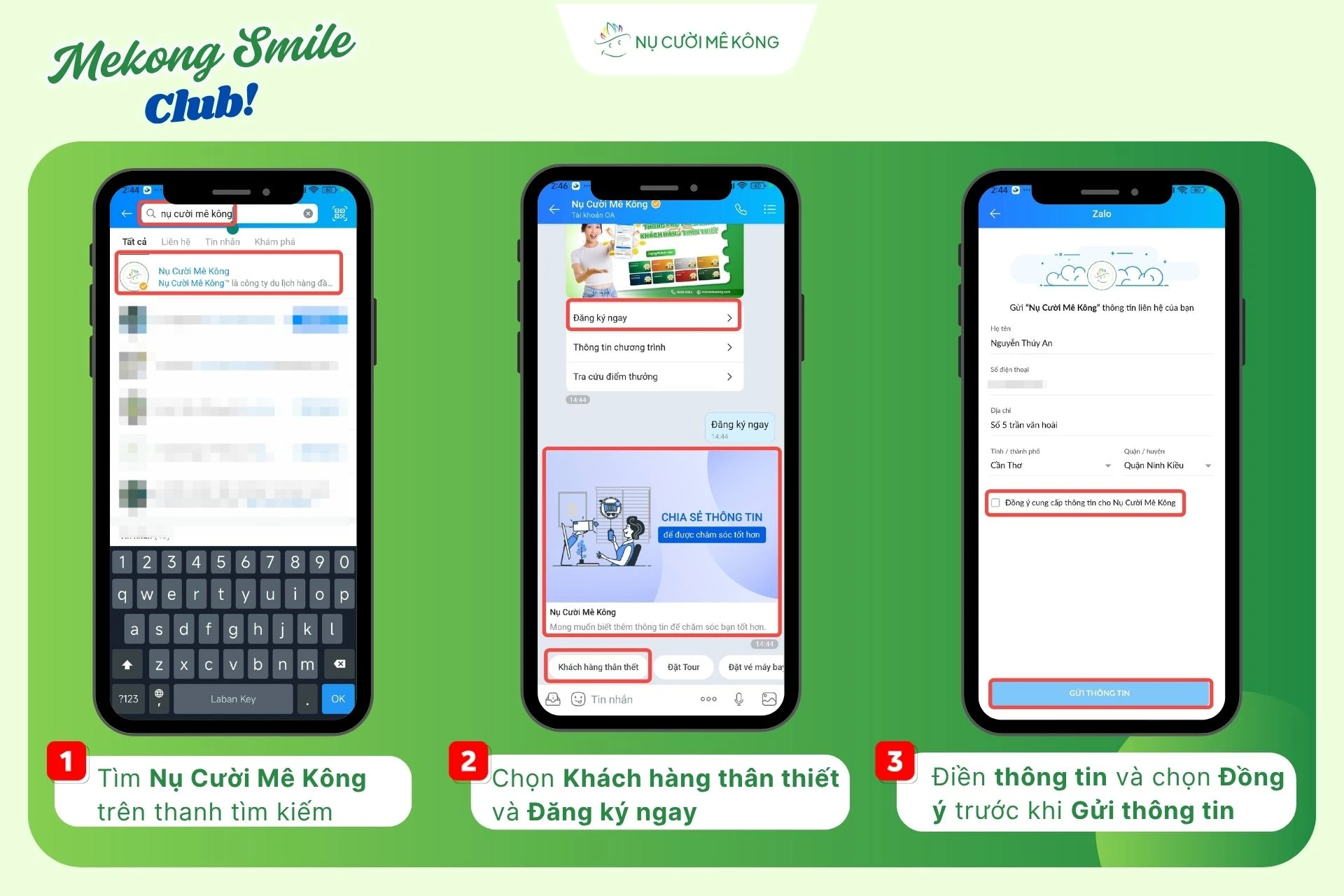 Các bước đăng ký tài khoản Mekong Smile Club với tài khoản Zalo