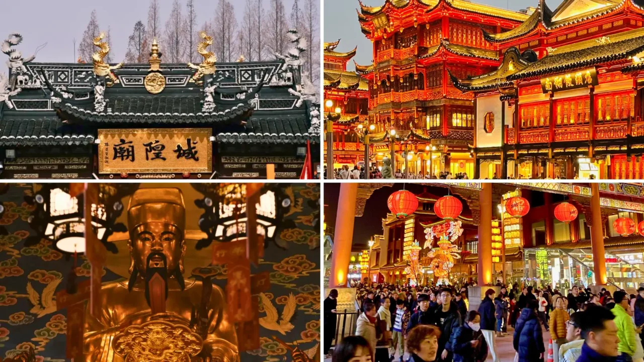 Miếu Thành Hoàng Thượng Hải với kiến trúc cổ, màu sắc vàng rực gỡ