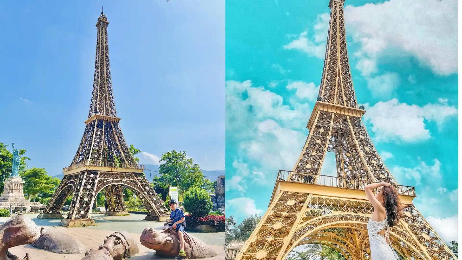 Du khách check in tại mô hình Tháp Eiffel trong công viên Kỳ Quan Đà Nẵng
