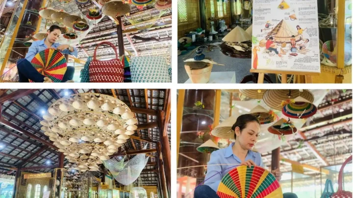 Nghệ nhân thực hiện đan nón tại Làng nghề Trường Sơn