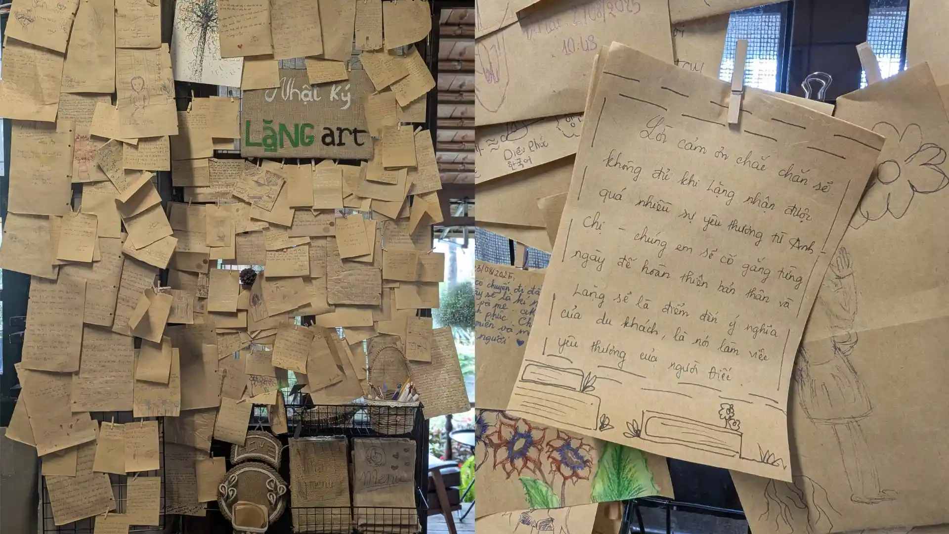 Bức tường tại quán Cà phê Lặng Art dán đầy những tờ giấy note