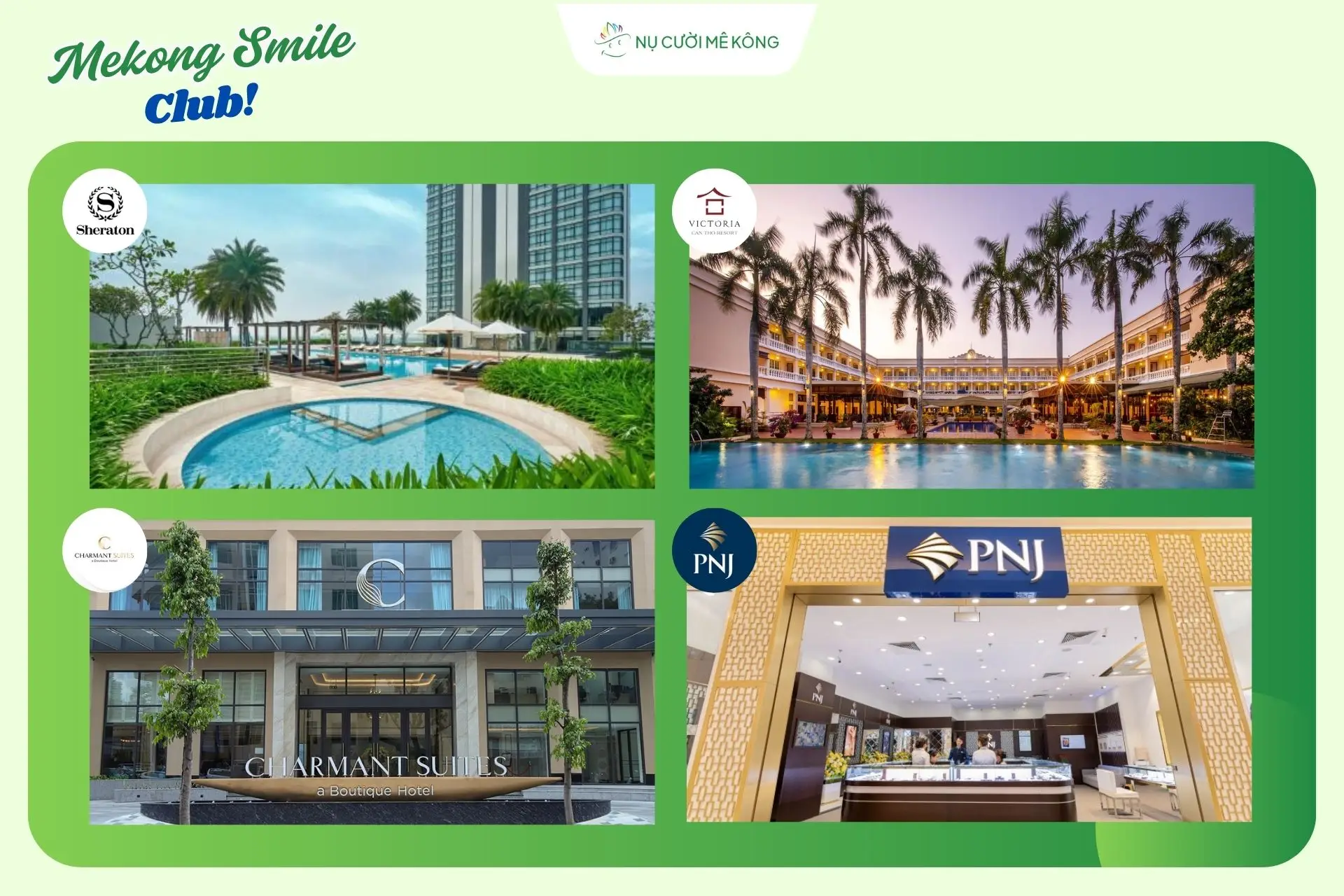 Danh sách các thương hiệu đối tác của Mekong Smile Club, nơi hội viên có thể tích và tiêu điểm Nụ Cười Mê Kông