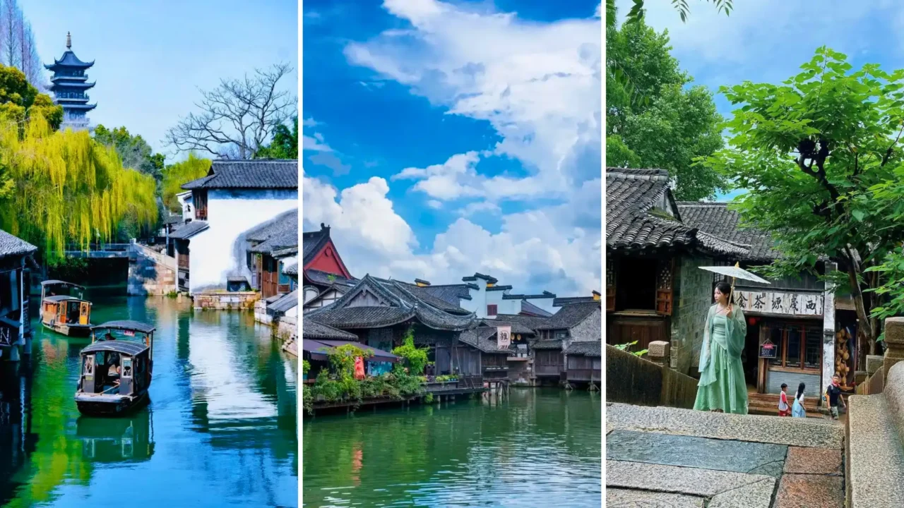Ô Trấn Tây Sách với dòng kênh xanh, cầu đá và nhà gỗ cổ kính soi bóng xuống mặt nước