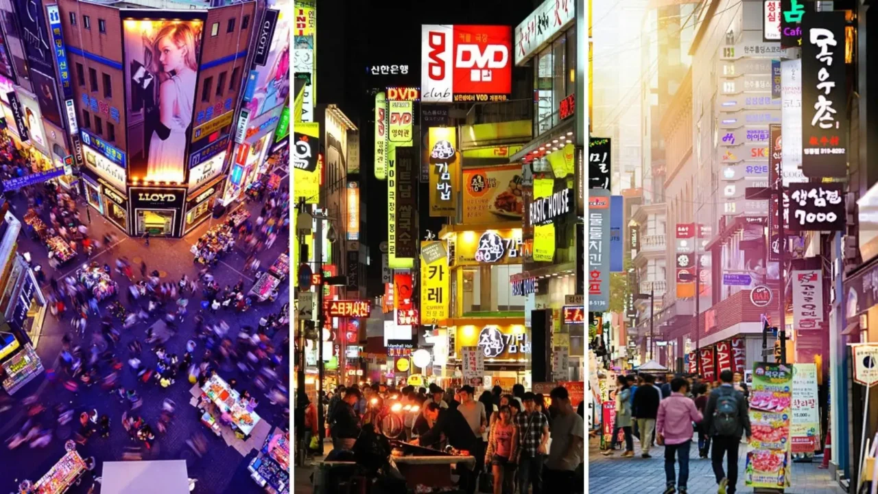 Con phố Seoul nhộn nhịp ánh đèn và dòng người tấp nập về đêm.