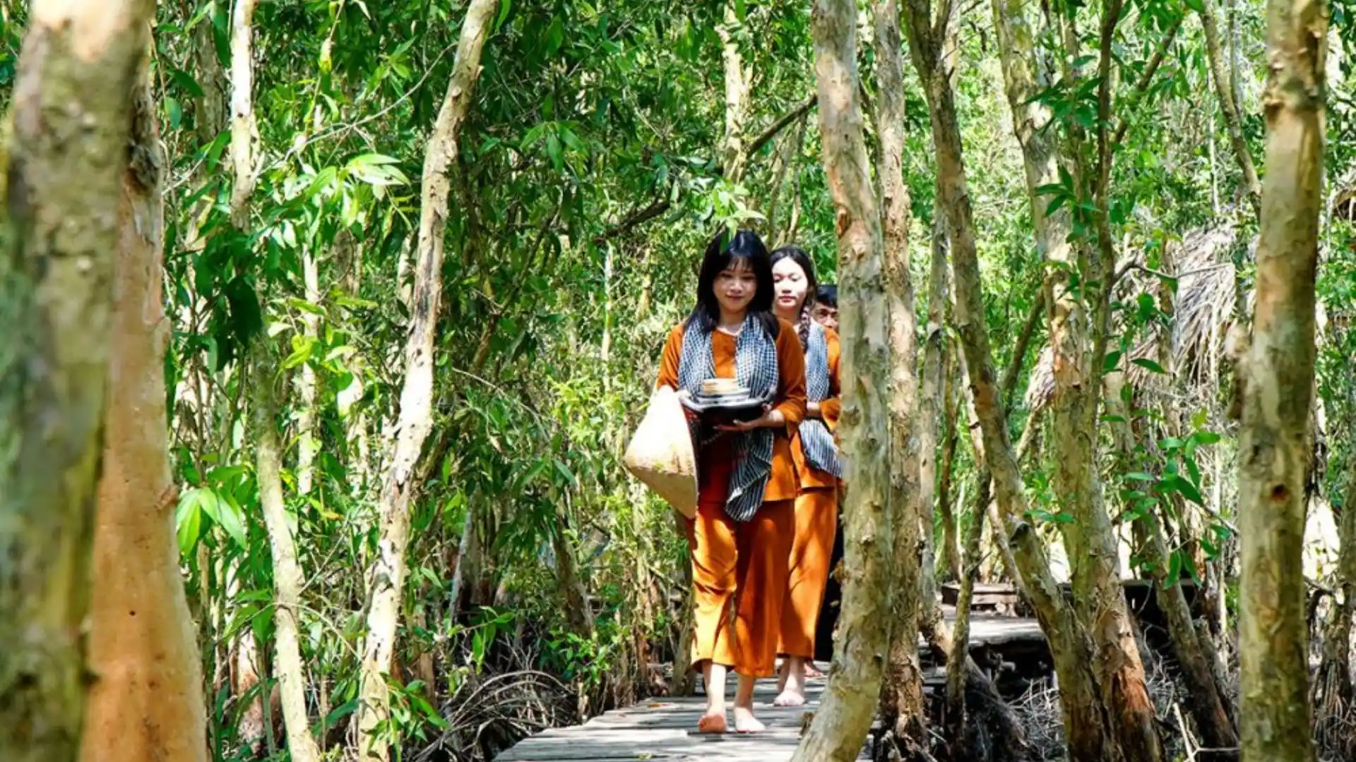 Con đường giữa rừng tràm dẫn vào Làng rừng Vồ Dập