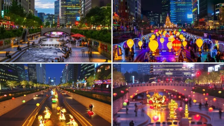Suối Cheonggyecheon lung linh ánh sáng về đêm.