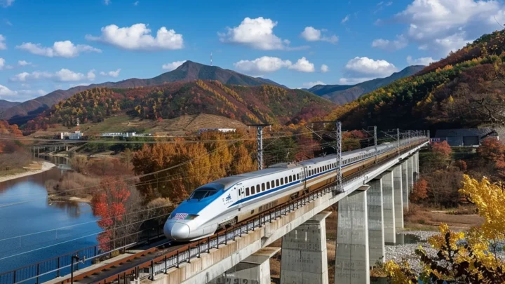 Tàu cao tốc KTX trắng xanh lướt nhanh qua đường ray với phông nền thiên nhiên hùng vĩ.