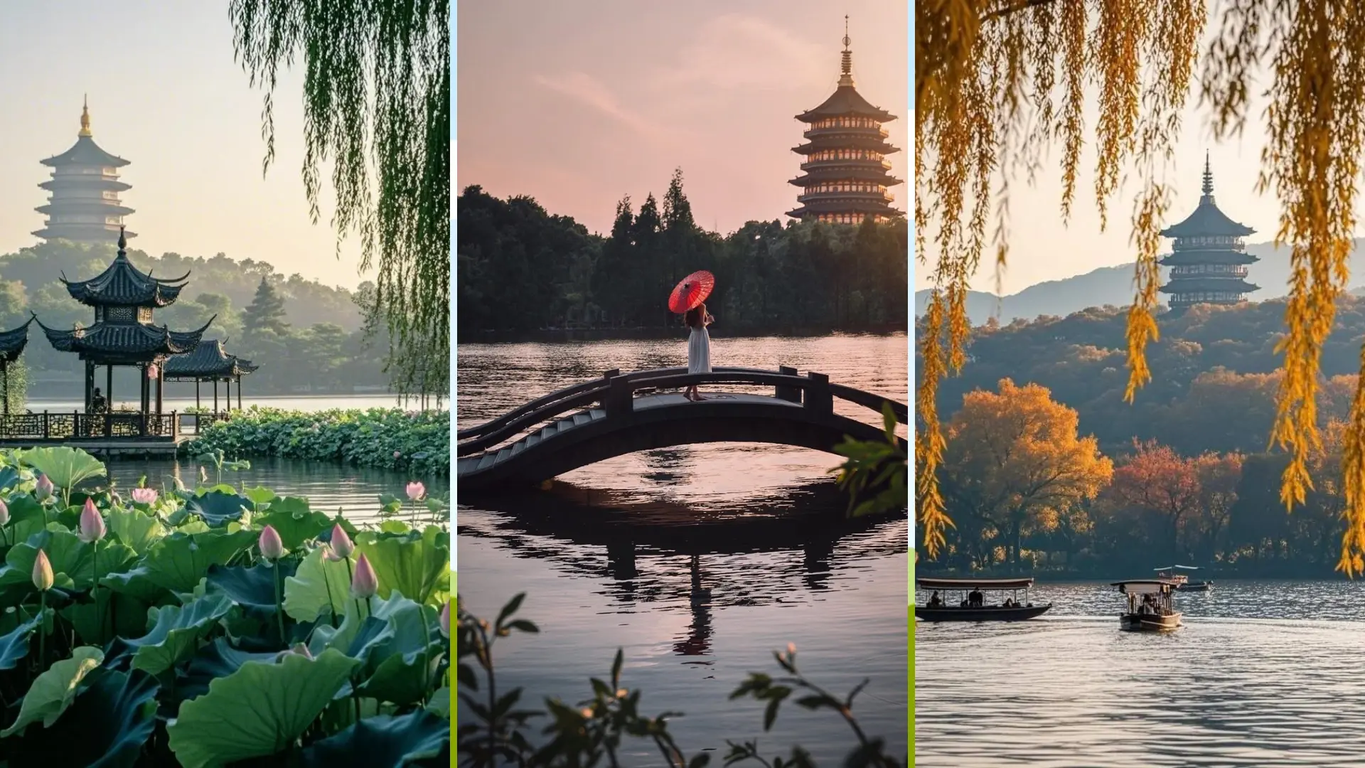 Cảnh đẹp Tây Hồ với mặt hồ phẳng lặng thay đổi theo mùa, núi non mơ mộng và cây cầu đá cổ kính