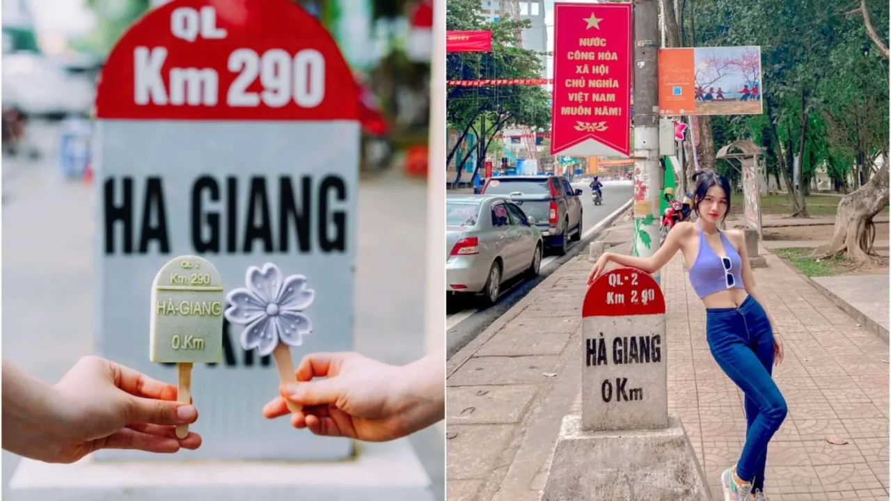 Cột mốc KM 0 điểm khởi đầu Con Đường Hạnh Phúc Hà Giang tour Nụ Cười Mê Kông
