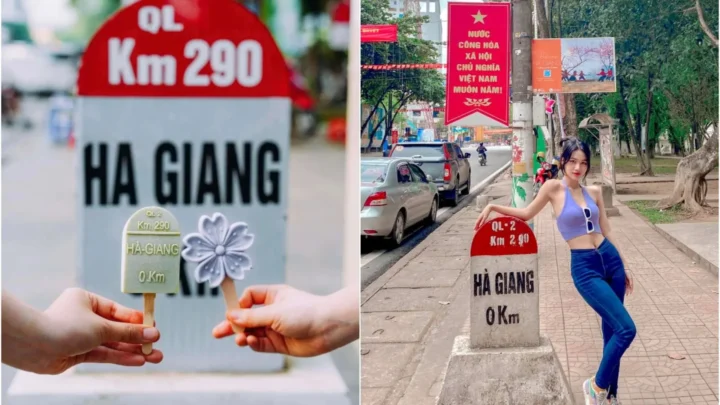 Cột mốc KM 0 điểm khởi đầu Con Đường Hạnh Phúc Hà Giang tour Nụ Cười Mê Kông