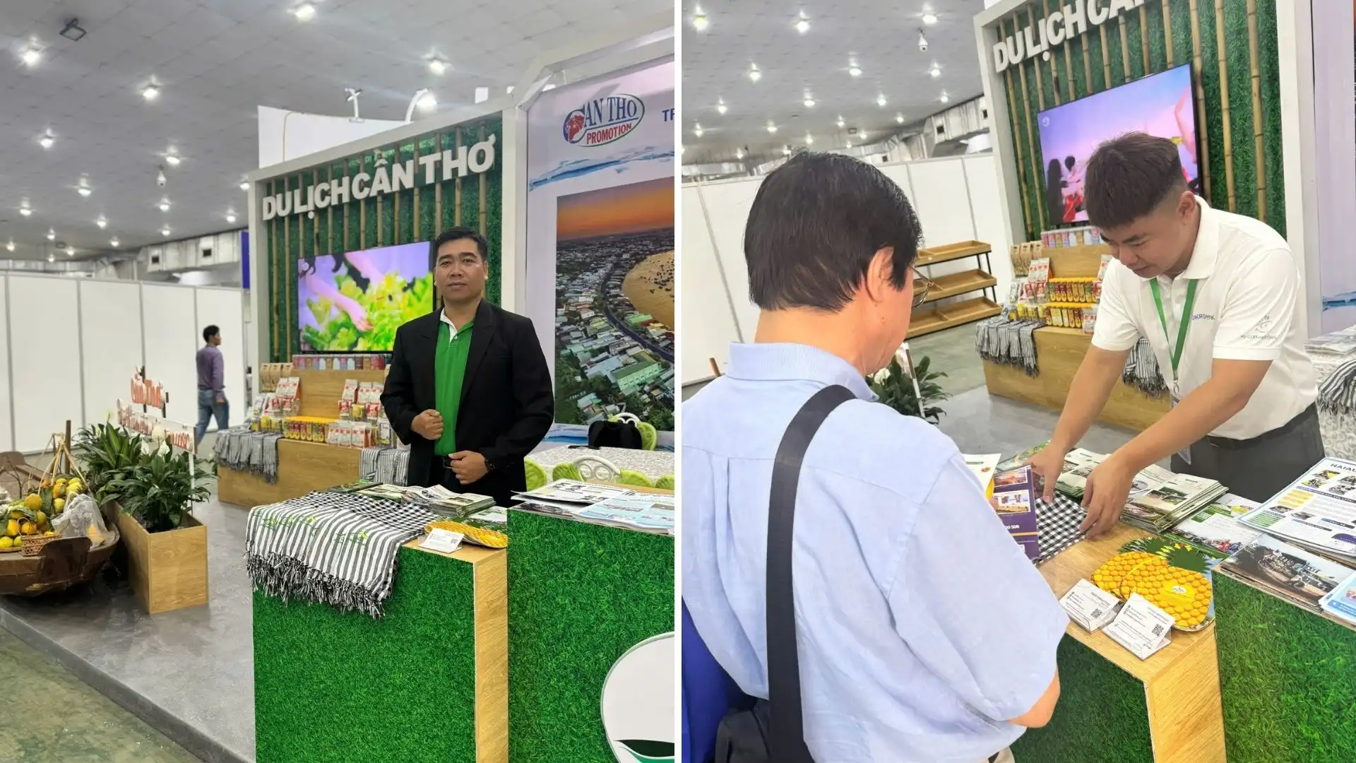 Nhân viên Nụ Cười Mê Kông tư vấn dịch vụ du lịch Cần Thơ cho khách hàng tại sự kiện