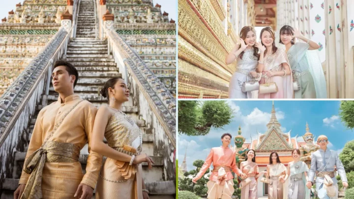 Du khách mặc trang phục truyền thống chụp ảnh tại Wat Arun